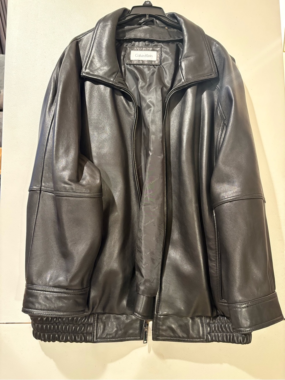 Calvin Klein Mens Black Genuine Leather Bomber Jacket Fits 3X 28" PTP Boxy